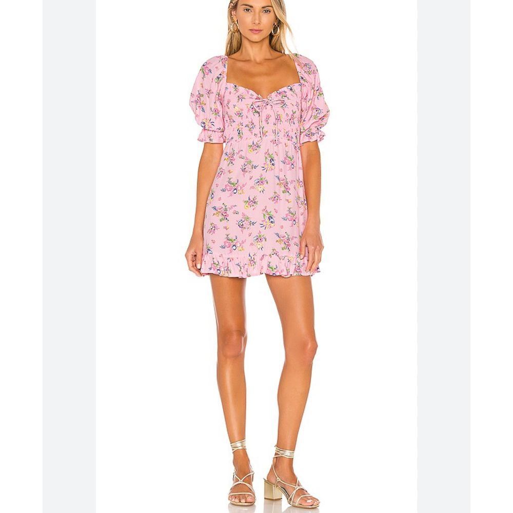 Faithful the Brand sage mini dress in pink Juliette floral smock flowy size 2 xs